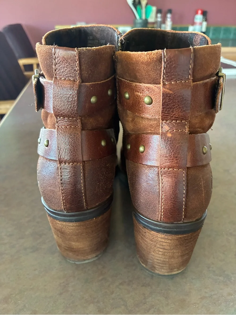 Born Brown Leather & Suede Buckle Ankle Booties